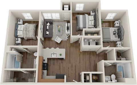 Floor plan for 3 beds, 2 baths, 1050 sqft